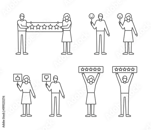 User reviews feedback set, customers giving ratings vector illustration outline style