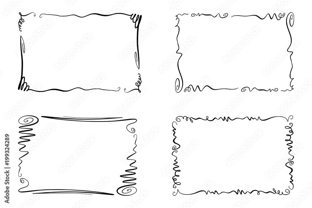 Set of Flourish Vector Frames. Collection of Rectangles with squiggles, twirls and embellishments for image and text elements. Hand drawn black highlighting borders isolated on the white background