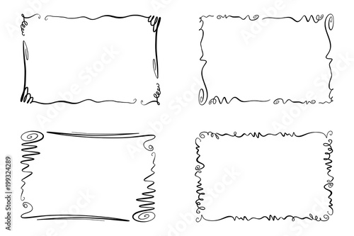 Set of Flourish Vector Frames. Collection of Rectangles with squiggles, twirls and embellishments for image and text elements. Hand drawn black highlighting borders isolated on the white background