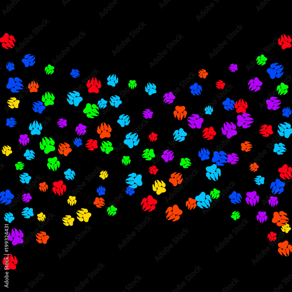 Colorful Bear Footprints. Prints of Paws with Big Claws for Petshop Design or for Goods for Pets. Simple Pattern for Print, Logo or Poster. Vector Confetti Background.