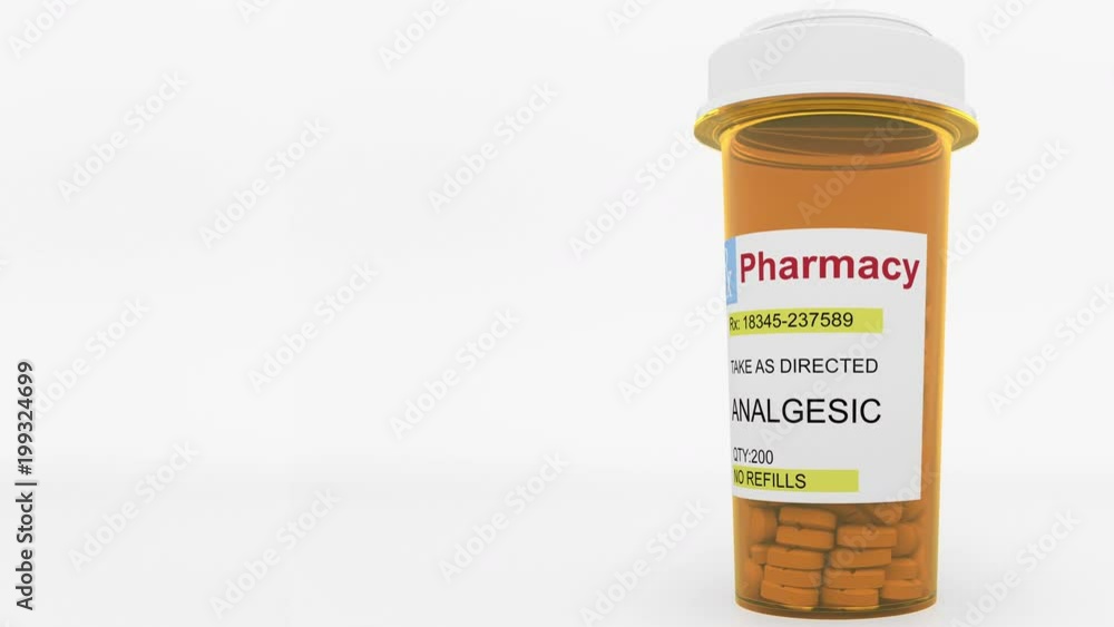 Analgesic pills in a prescription bottle. Conceptual 3D animation Analgesic pills in a prescription bottle. Conceptual 3D animation