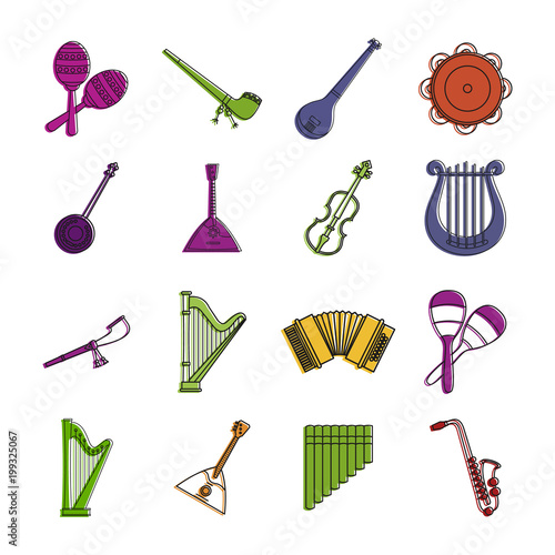 Musical instrument icon set, color outline style