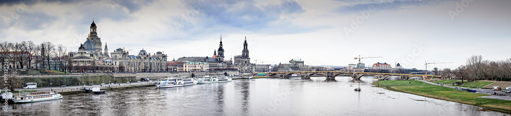 Scenic autumn view of the old town architecture with Elbe river embankment in Dresden, Saxony, Germany