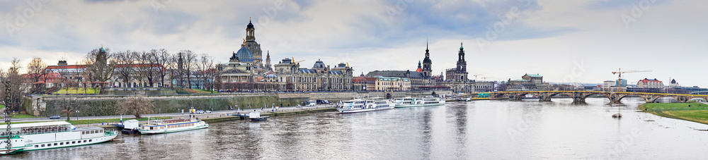 Scenic autumn view of the old town architecture with Elbe river embankment in Dresden, Saxony, Germany