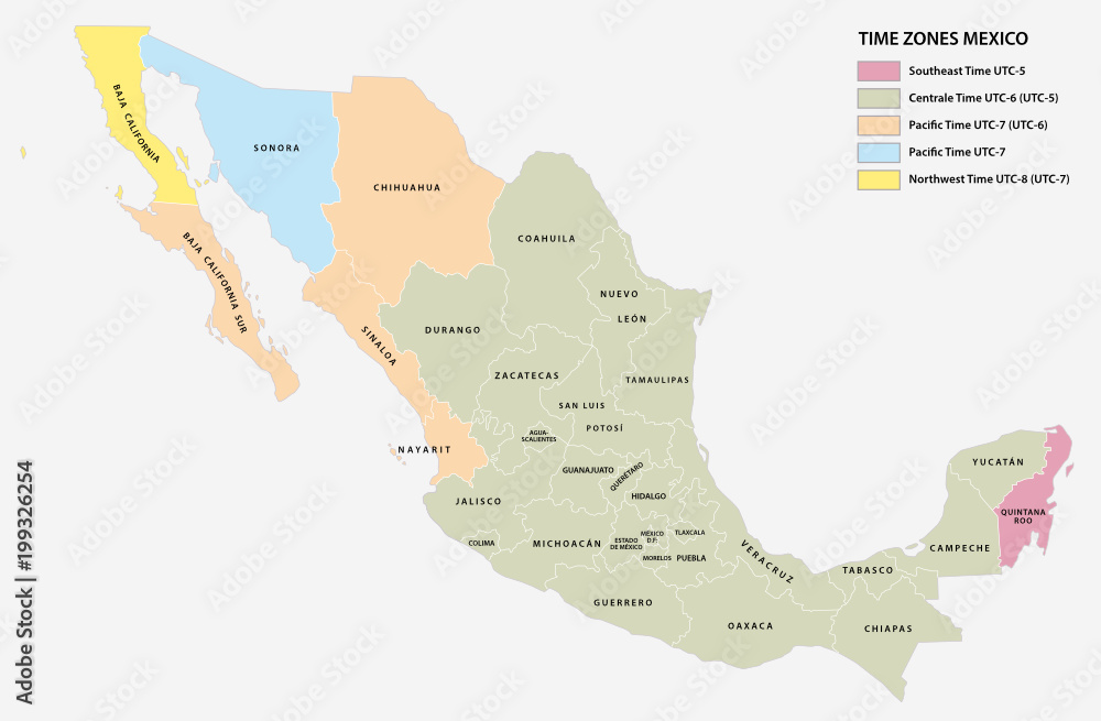 Vector map of the five time zones of the North American state of Mexico
