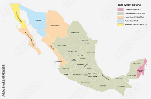 Vector map of the five time zones of the North American state of Mexico