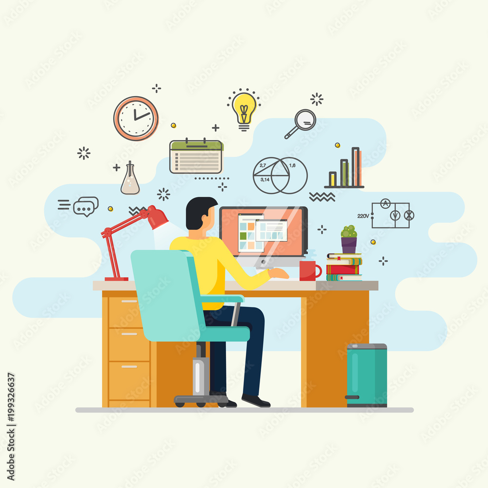 Fototapeta premium Man doing job or working at desk with computer