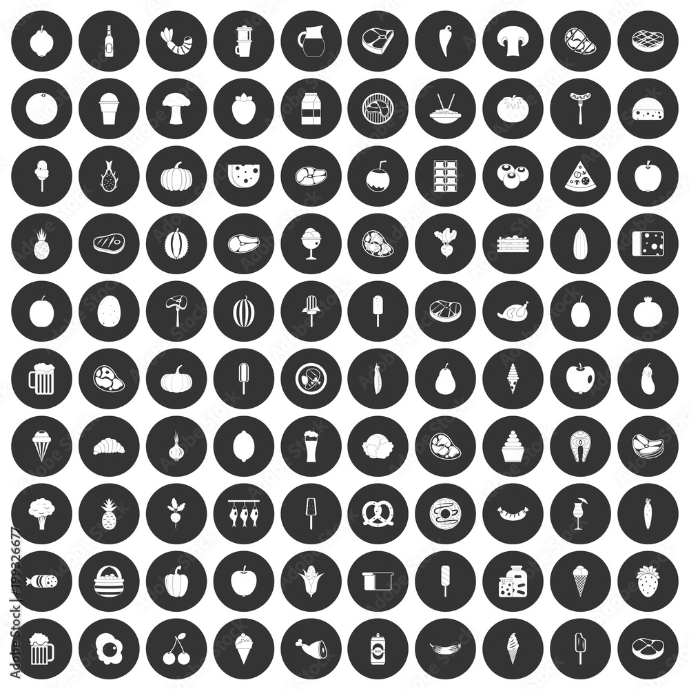 100 food icons set black circle 100 food icons set black circle