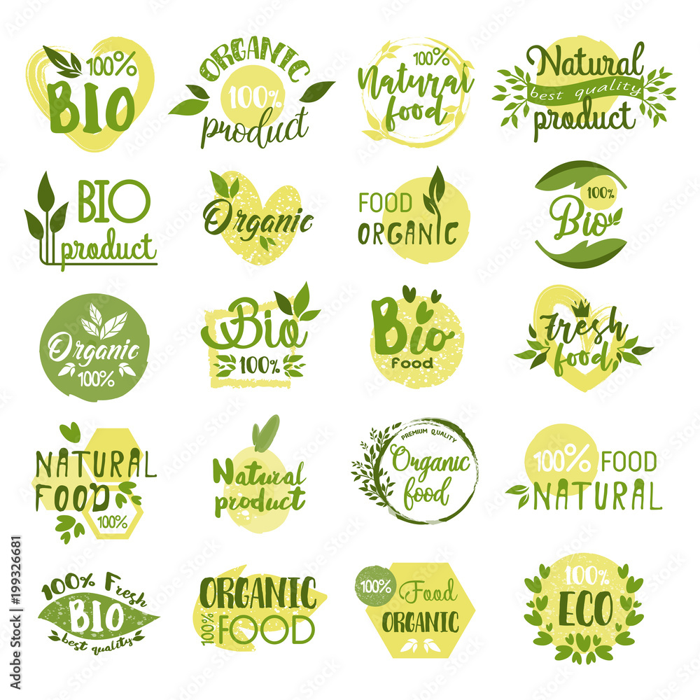 Set of isolated bio product logo, vegetarian food Set of isolated bio product logo, vegetarian food