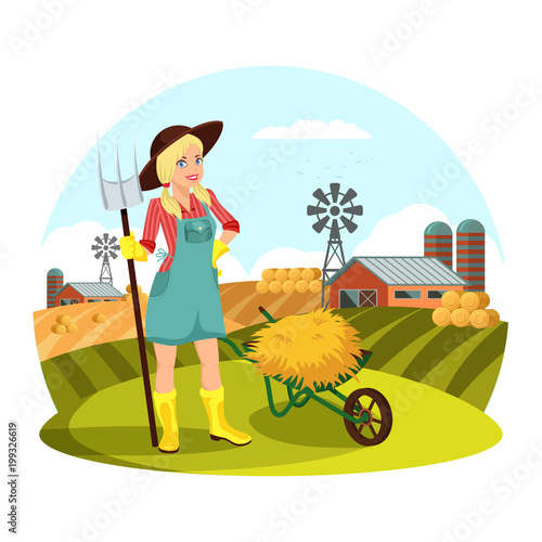 Woman with pitchfork in front of field with hay