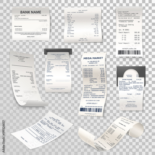 Realistic paper checks or payment bill on transparent