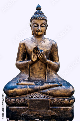 Buddha meditating Made of cast iron on a white background.