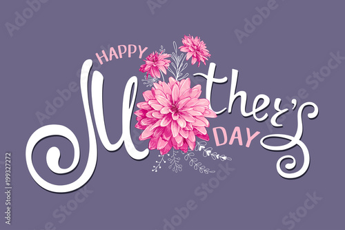 Inscription Happy Mothers Day with decorative pink flowers, floral hand drawn elements on a dark-violet background. Template for greeting card, banner, poster, voucher, sale announcement