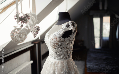 elegant bridesmaid dress at the window photo