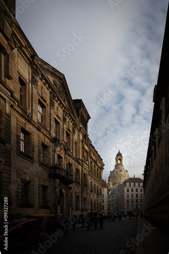 Dark Dresden Street with Church of Our Lady Shone on by the Sun