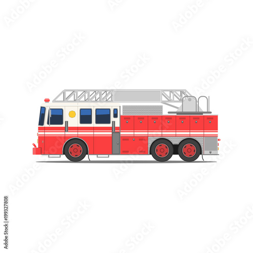 Fire engine side view. Red fire truck with stairs. Firefighting vehicle on six wheels. Vector illustration in trendy flat style isolated on white background