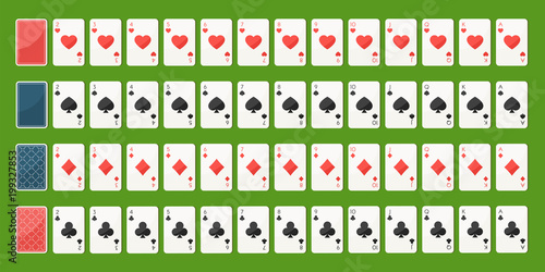 Set poker playing cards, full deck. Playing cards face and back side. Gambling games concept. Vector illustration in trendy flat style on green background