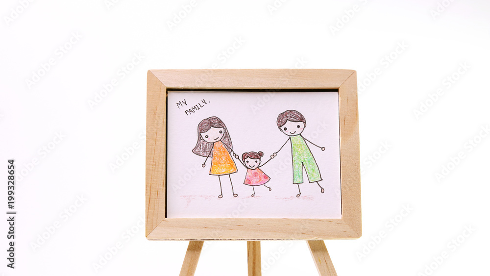 Kids Drawing Of Family And Colored Pencils On Wooden Table Stock Photo,  Picture and Royalty Free Image. Image 27543536.