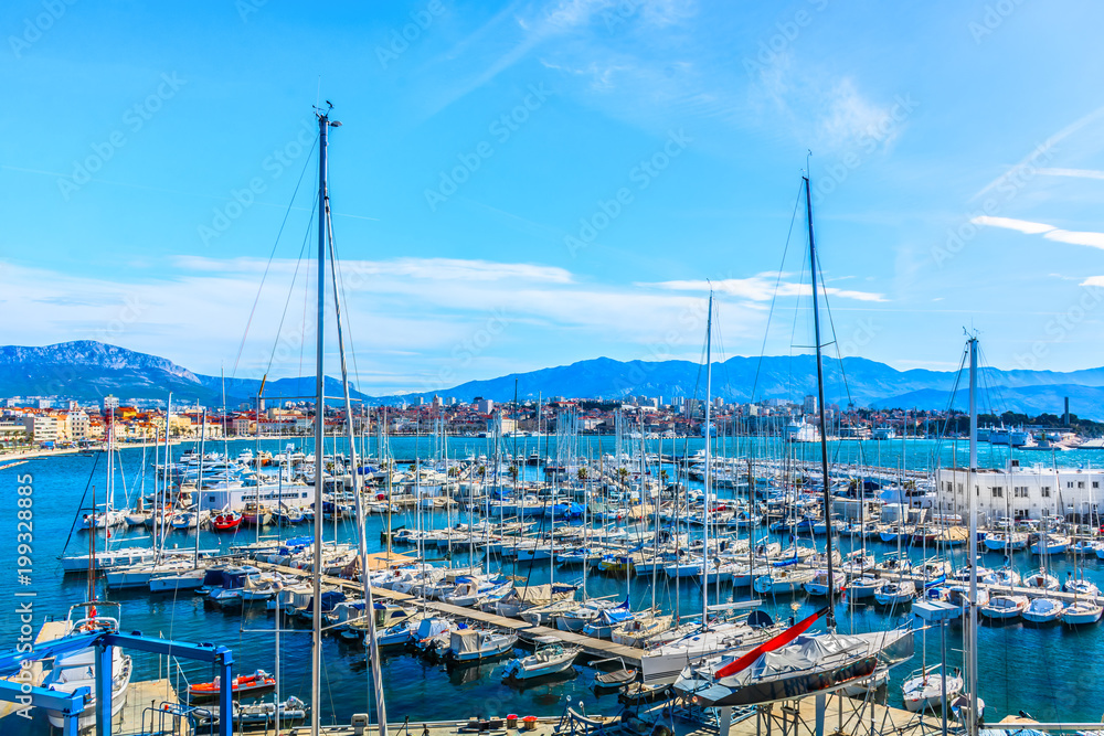 Obraz premium Marina sea port Split. / Scenic view at amazing mediterranean port in coastal town Split, popular summer resort in Croatia, Europe.