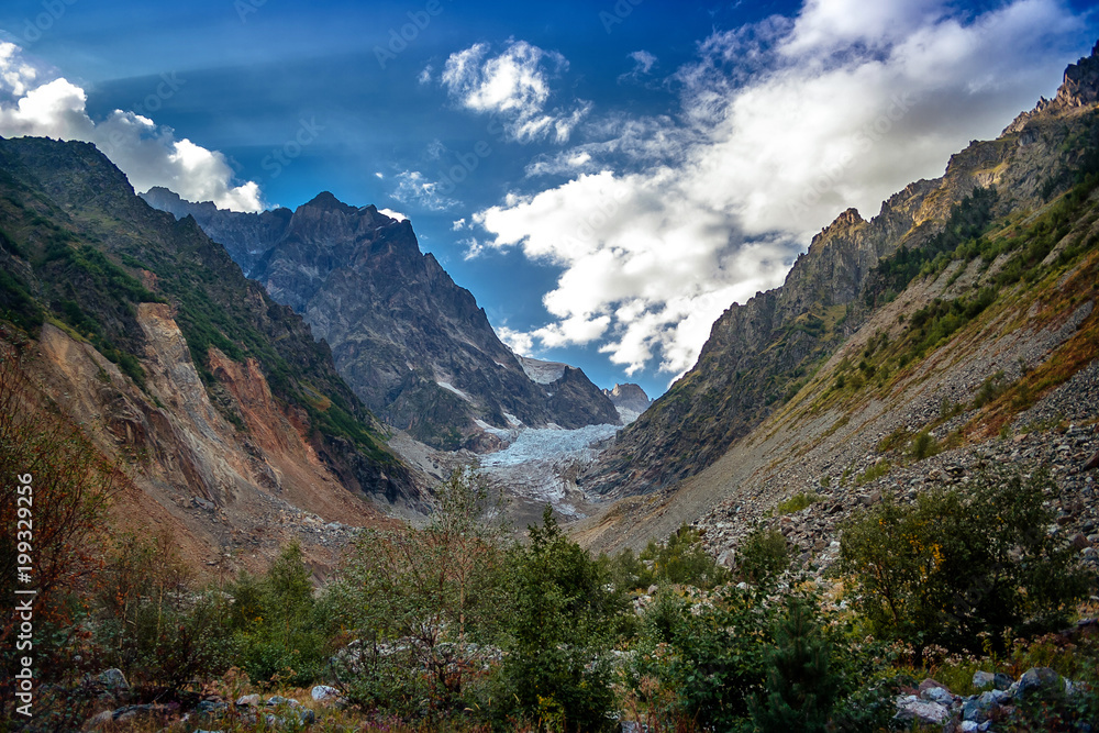 Fototapeta premium Beautiful mountain landscape of Chaladi Glacier. Upper Svanetia. Georgia