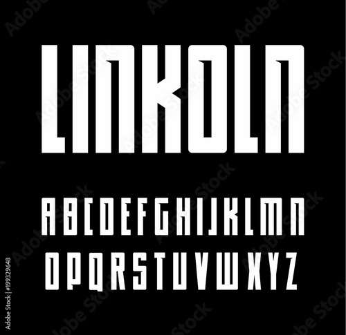 Bold typeface with inside serif, condensed uppercase font, geometrical latin alphabet, title case letter set, narrow serif, vector white letters on black background.