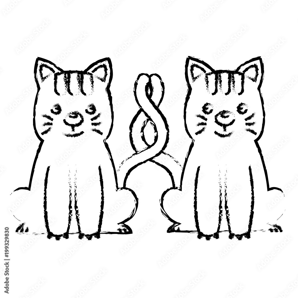 two cute cats sit with tails crossed vector illustration sketch two cute cats sit with tails crossed vector illustration sketch