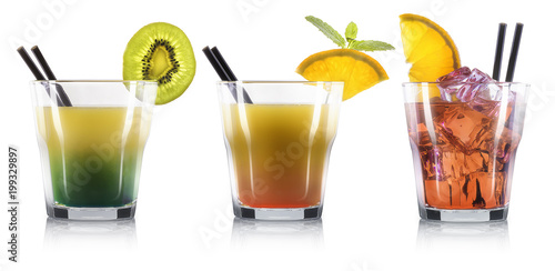 Set of cocktails in old fashioned glass with black straw isolated on white background. Clipping path