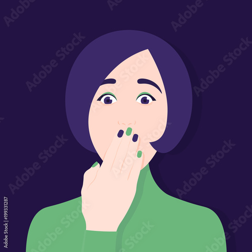 The woman covered her mouth with her hand. Silence. Censorship. Secrets and conspiracies. Vector Flat Illustration
