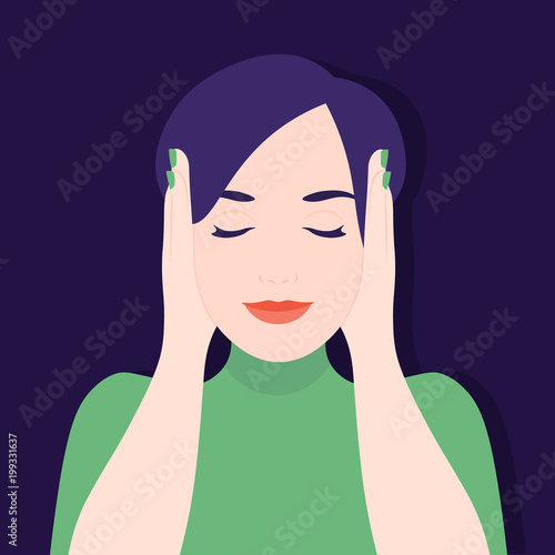 The girl covered her ears with her hands. Ignoring stress and noise. Vector Flat Illustration
