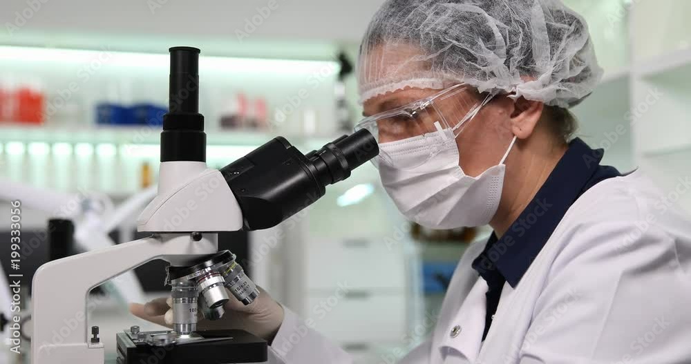 Chemistry Lab, Scientist Woman Working Studying with Microscope Medical Tests 4K Chemistry Lab, Scientist Woman Working Studying with Microscope Medical Tests 4K