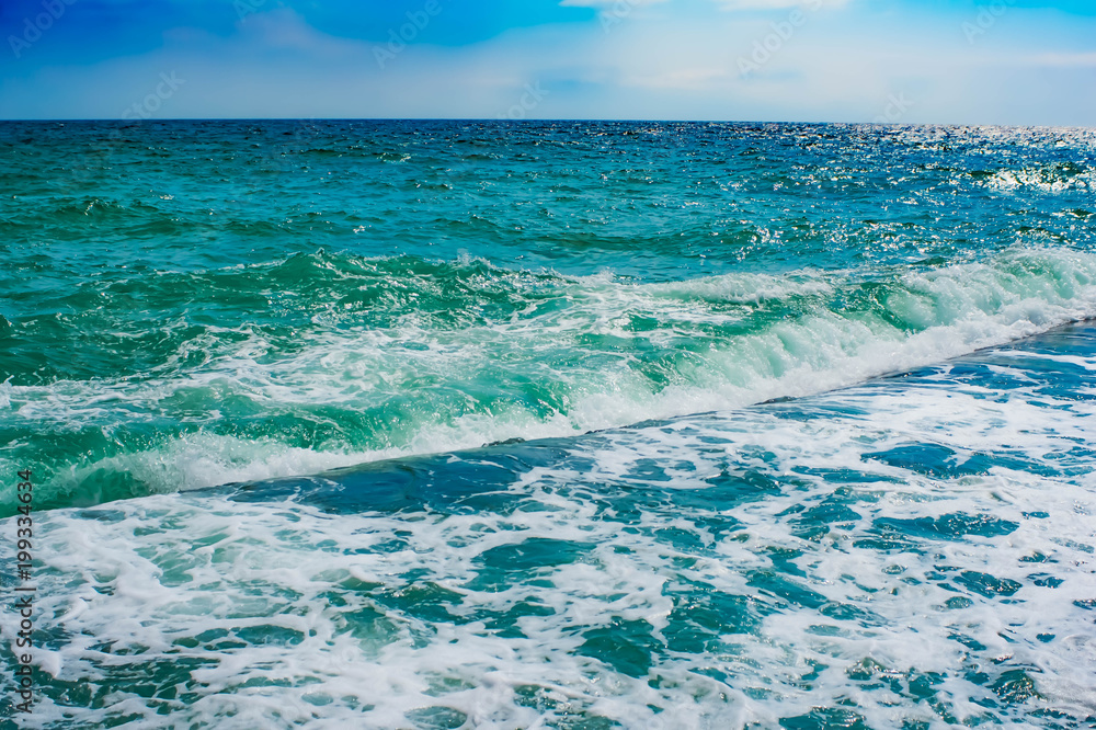 Obraz premium big sea wave splashing against pier fresh nature, landscape, element, beauty, power, dog