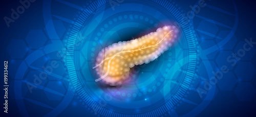 Pancreas anatomy illustration on an abstract scientific blue background