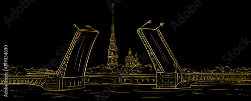 Peter and Paul Fortress. Drawbridge, symbol of Saint Petersburg, Russia. Hand drawn vector illustration. Gold outline.