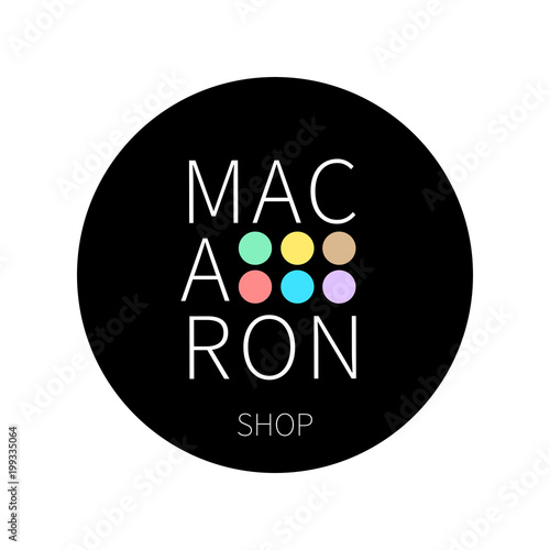 Vector logo macaron shop on black round sticker. photo