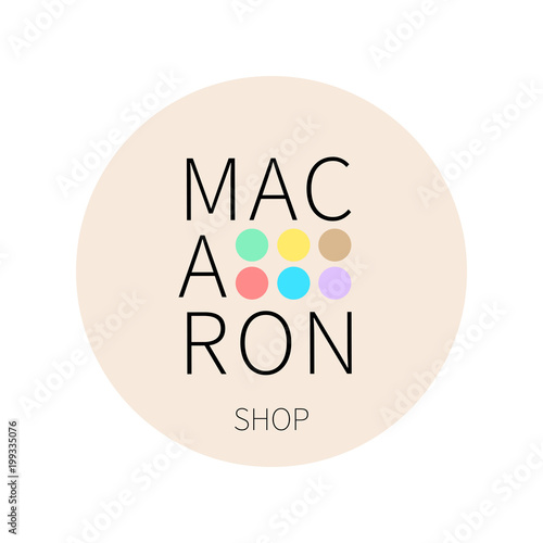 Vector logo macaron shop on pastel beige round sticker.