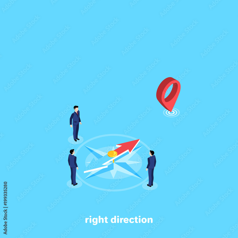 men in business suits stand near a compass indicating direction to success, isometric image men in business suits stand near a compass indicating direction to success, isometric image