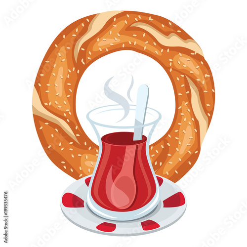 Vector Illustration Of Turkish Bagel And Tea
