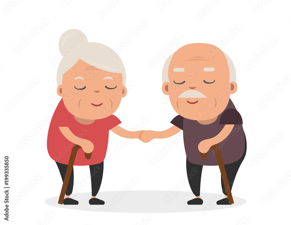 Fototapeta premium Retired elderly senior age couple in creative flat vector character design | Grandpa and grandma standing full length smiling