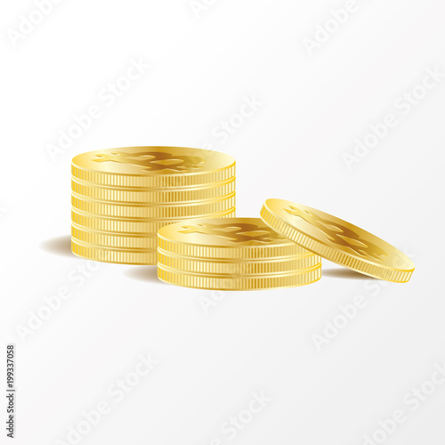 Golden bitcoin digital currency. Stacks of ten coins on white background. Bitcoin mining. Cryptocurrency technology and digital money. 3D vector illustration photo