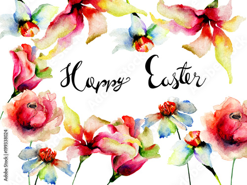 Flowers watercolor illustration with title Happy Easter