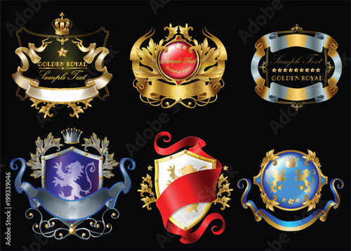 Vector set of colorful royal stickers with crowns, shields, ribbons, lions, stars isolated on black background. Luxurious emblems with heraldic ornament, premium quality labels for brand promotion photo