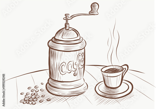Coffee mill and espresso cup draw, illustration
