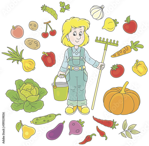 Smiling girl gardener holding a rake and a bucket and surrounded by vegetables and fruit, a vector illustration in cartoon style