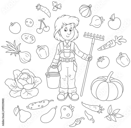 Smiling girl gardener holding a rake and a bucket and surrounded by vegetables and fruit, a black and white vector illustration in cartoon style for a coloring book