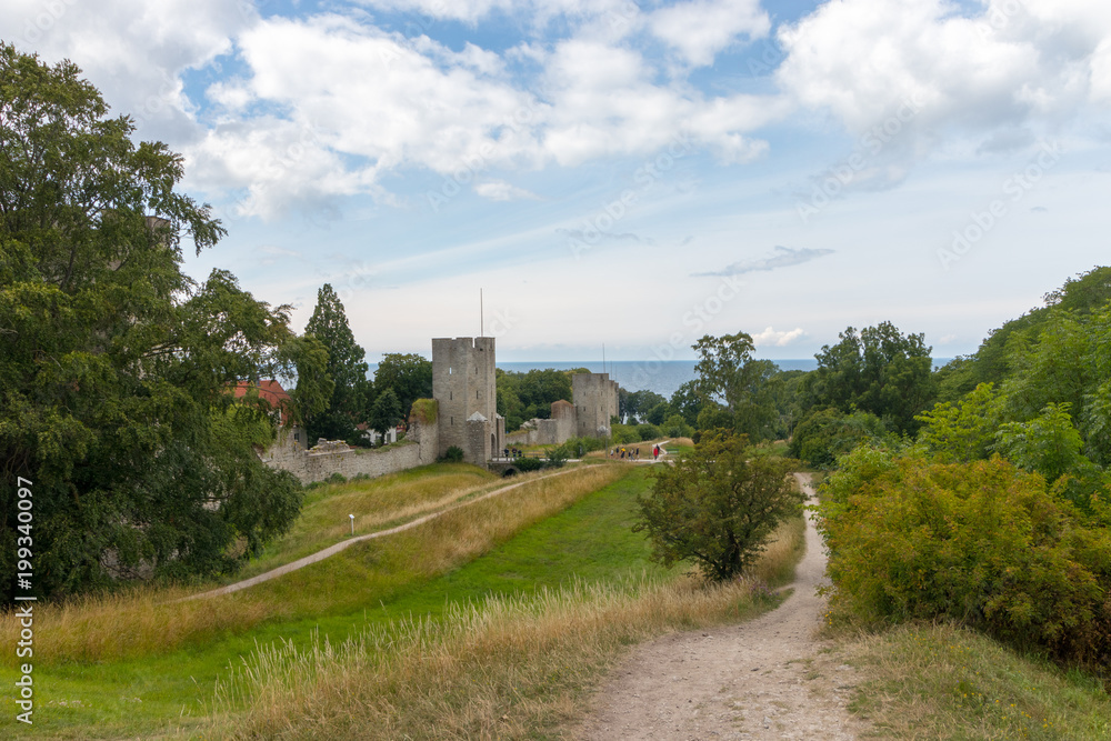 The Visby city wall on the island of Gotland in Sweden. It is the strongest, most extensive, and best preserved medieval city wall in Scandinavia. 