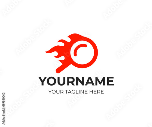 Quick search and flame, fire, logo template. Magnifier and search online, vector design. Search work and seo, illustration