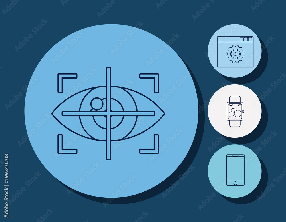 eyetracking and virtual reality related icons over colorful circles and blue background, vector illustration