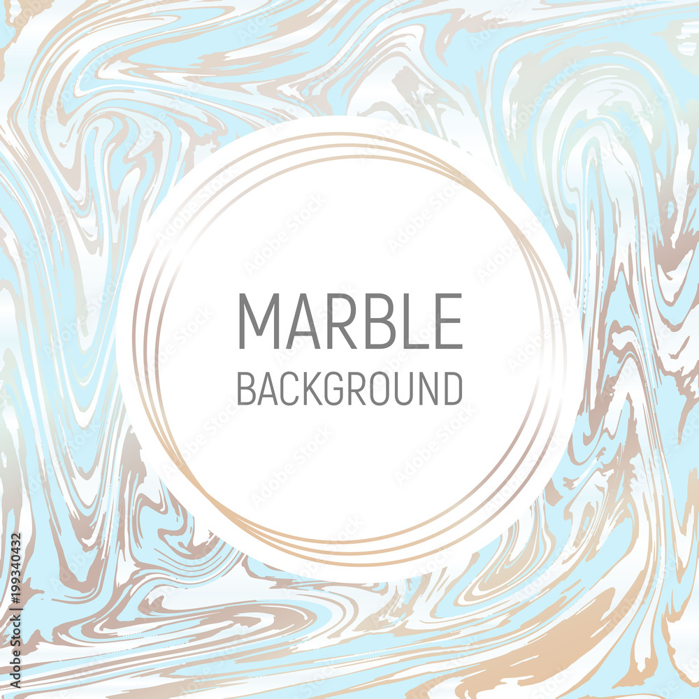 Abstract background, vector marble texture imitation. Marbleized pattern vector. Wedding invitation template with liquid suminagashi ebru ink background. Pastel blue marbling and gold texture effect.