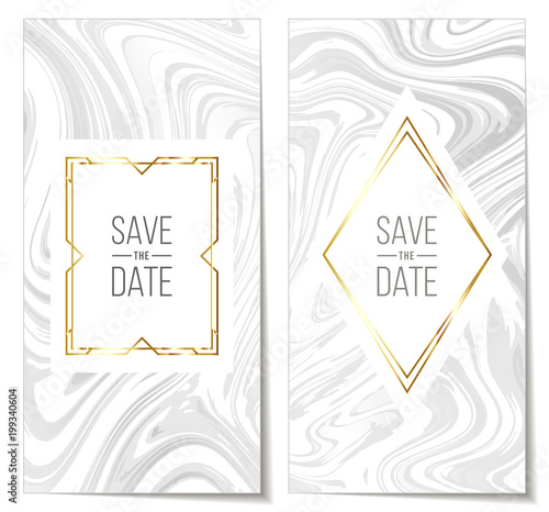 Wedding invitations with Marble paper texture imitation, suminagashi ink stains background, white grey and golden frame, 