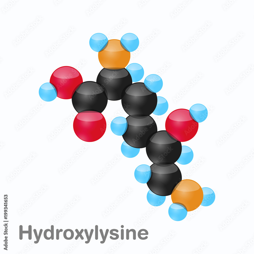 Molecule of Hydroxylysine, Hyl, an amino acid used in the biosynthesis of proteins Stock Vector